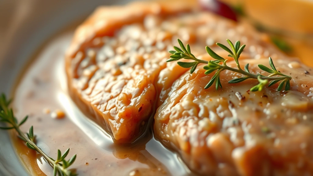 detail: close-up of tender chicken liver with silky sauce and fresh thyme garnish, photorealistic, shallow depth of field, warm golden lighting, no text