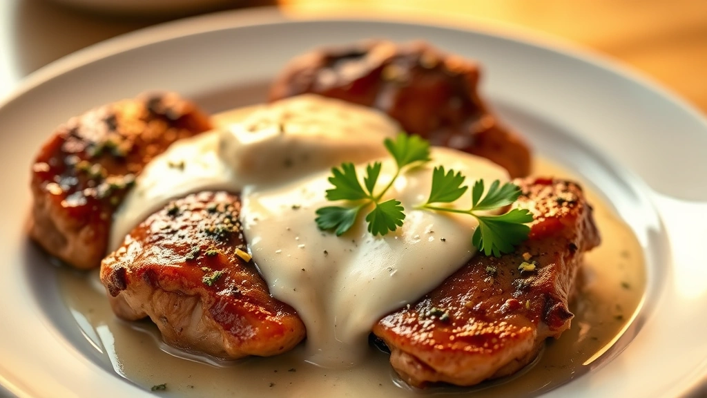 hero: pan-seared chicken livers with creamy sauce and fresh parsley garnish on white plate, warm golden lighting, shallow depth of field, food photography style, no text or watermarks