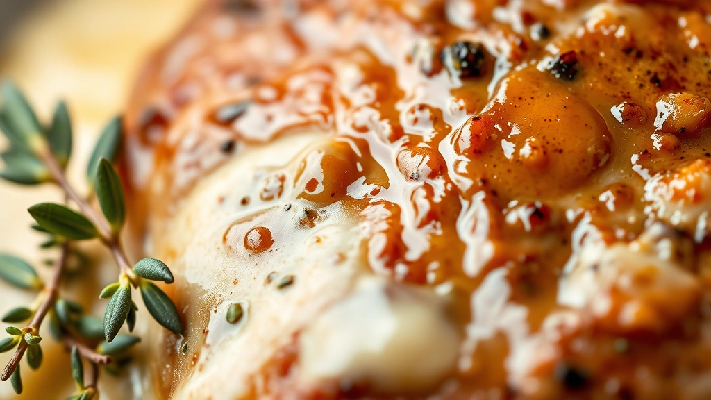 detail: close-up of glossy chicken liver with creamy sauce clinging to surface, fresh thyme leaves visible, macro photography style, natural light, no text or watermarks