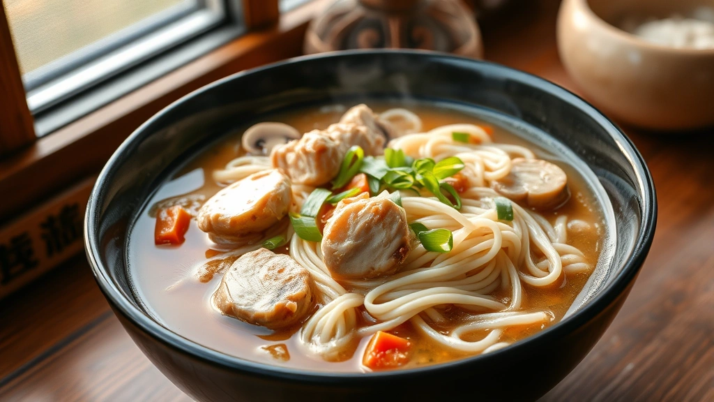 hero: bowl of steaming chicken long rice with tender chicken pieces, delicate rice noodles, mushrooms and carrots in golden broth, garnished with fresh green onions, photorealistic, warm natural window light, wooden table background, no text