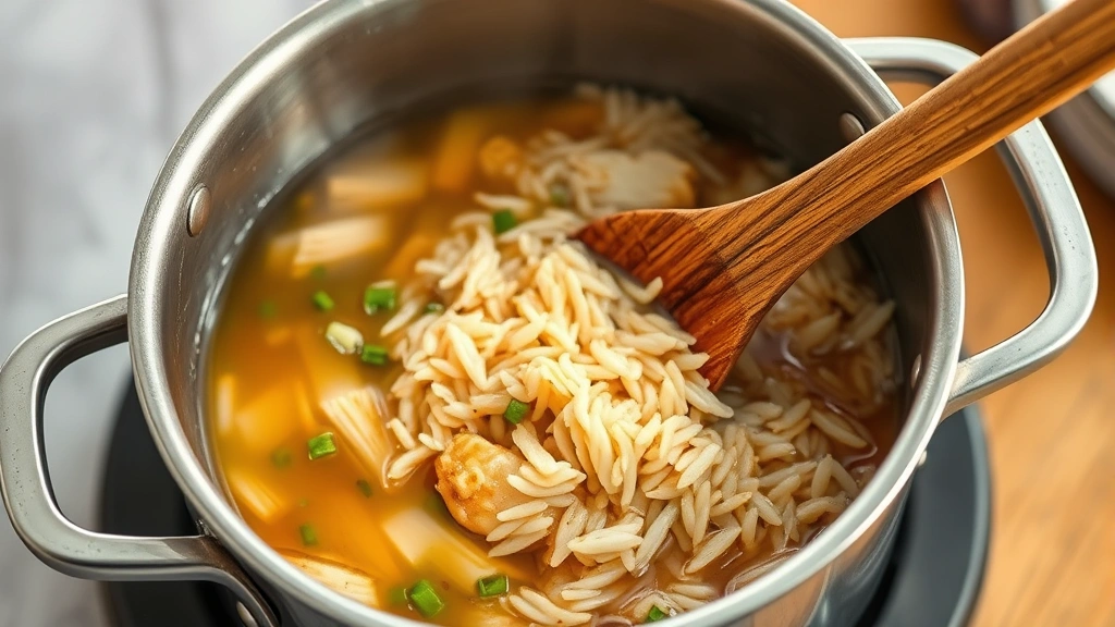 process: pot of simmering chicken long rice with visible broth absorption, wooden spoon stirring ingredients, steam rising, photorealistic, natural kitchen light, no text