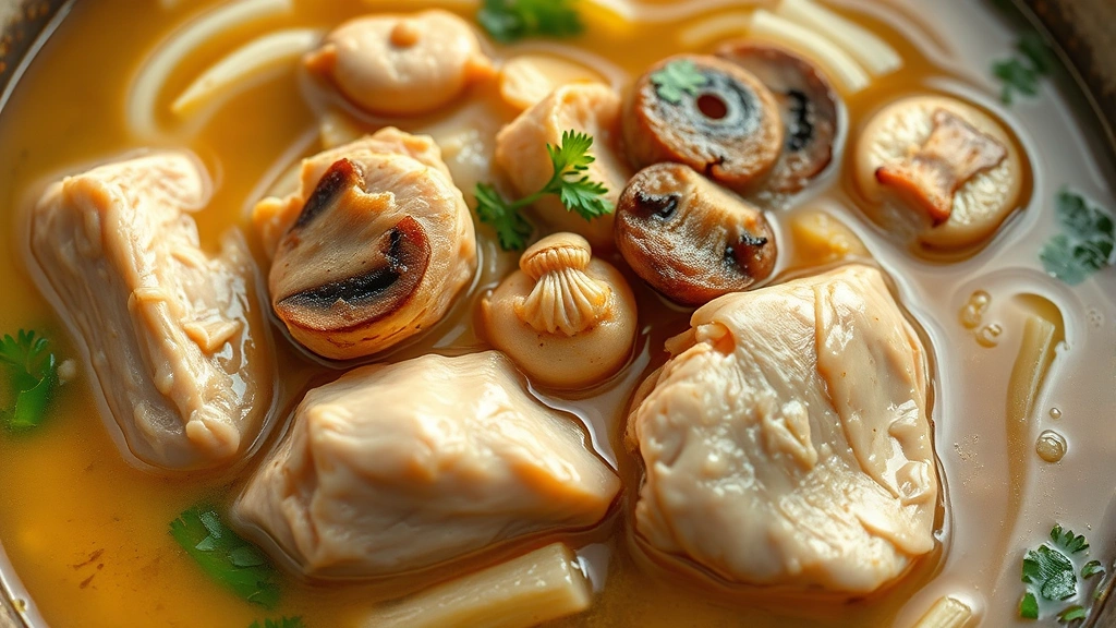 detail: close-up of tender chicken pieces and silky rice noodles in rich golden broth with mushroom slices and garnish, photorealistic, warm overhead light, shallow depth of field, no text