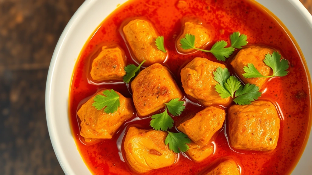 hero: Chicken Masaledar curry in a white bowl, vibrant reddish-brown sauce, tender chicken pieces, fresh cilantro garnish, steaming hot, golden lighting, soft shadows, overhead shot, photorealistic, natural light, no text