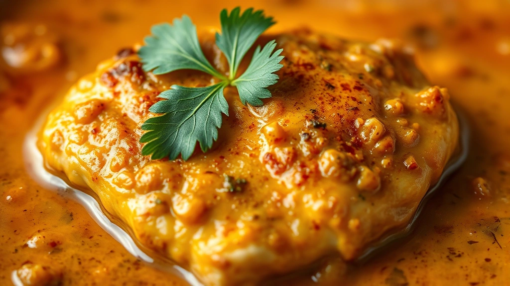 detail: Close-up of tender chicken piece in rich masaledar sauce with cilantro leaf on top, creamy texture, shallow depth of field, golden warm tones, photorealistic, natural light, no text