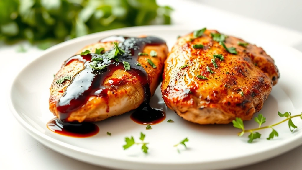 hero: perfectly seared golden-brown chicken breasts glazed with balsamic sauce, fresh herbs scattered on top, served on white plate with blurred greens and white background, photorealistic, natural window light, no text