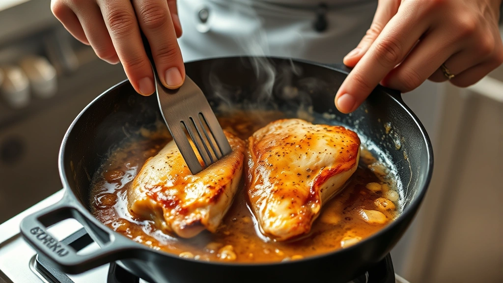 process: chef's hands flipping golden chicken breast in cast iron skillet with bubbling pan sauce, steam rising, photorealistic, natural kitchen light, no text