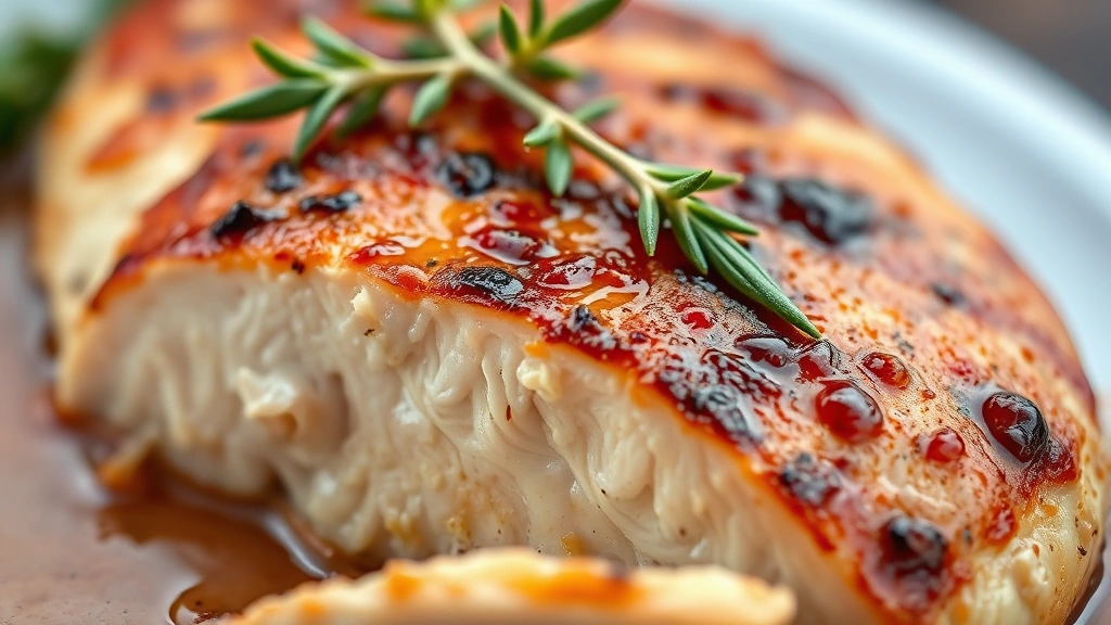 detail: close-up of sliced chicken breast showing juicy interior and caramelized crust, glossy pan sauce coating, fresh thyme leaf on top, photorealistic, macro photography, natural light, no text