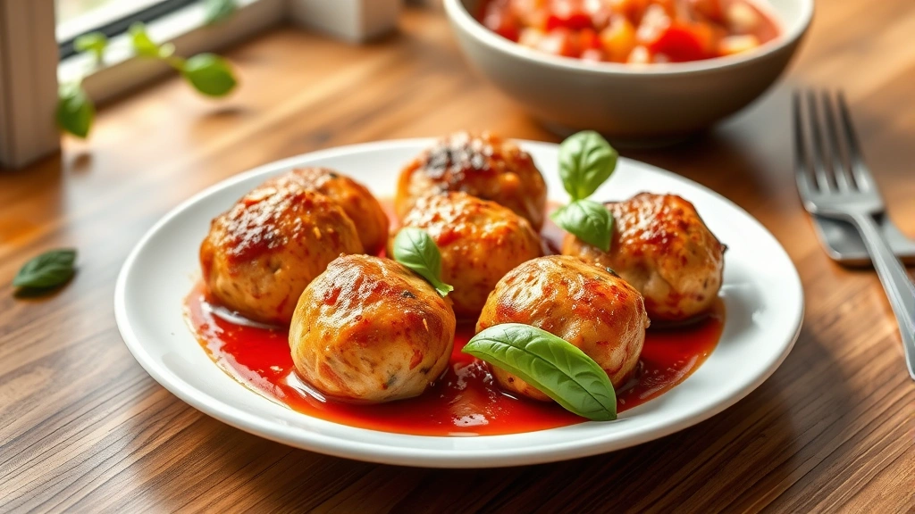 hero: golden-brown chicken meatballs served on a white plate with fresh basil garnish and marinara sauce, photorealistic, natural window light, overhead shot, no text