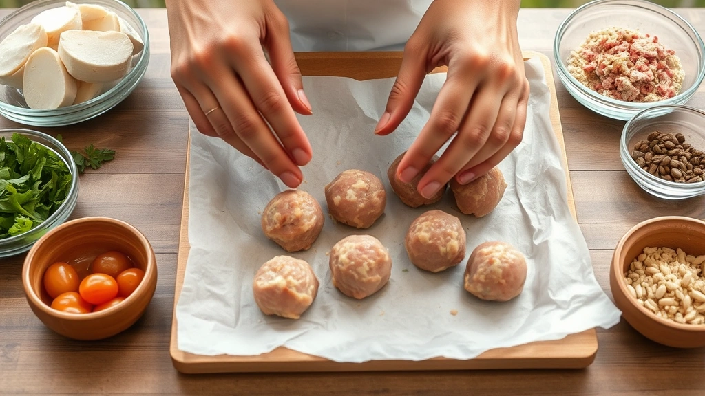 process: hands forming raw chicken meatballs on parchment paper with ingredients visible nearby, photorealistic, natural light, no text