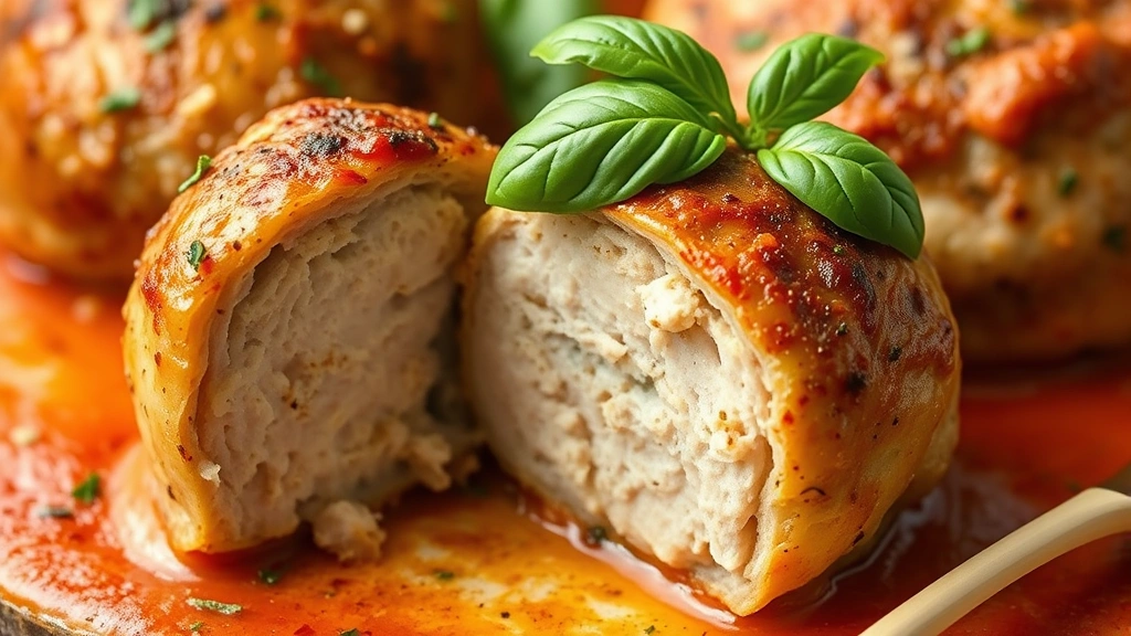 detail: close-up of a single baked chicken meatball cut in half showing moist tender interior, garnished with fresh basil, photorealistic, natural light, no text