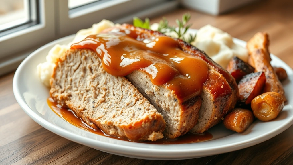 hero: sliced chicken meatloaf with glossy maple-mustard glaze on top, served on a white plate with creamy mashed potatoes and roasted vegetables, photorealistic, natural window light, no text, elegant plating