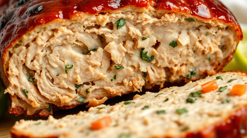 detail: close-up cross-section of sliced chicken meatloaf showing tender, moist interior with herbs visible, glossy caramelized glaze on top, photorealistic, natural light, no text