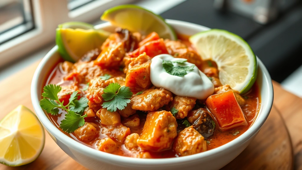 hero: colorful Mexican chicken stew in white bowl with lime wedges, cilantro, avocado, and sour cream, photorealistic, natural window lighting, no text, vibrant colors