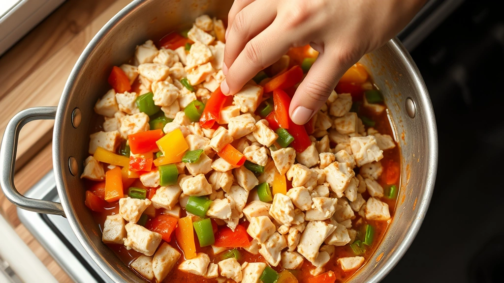 process: hands stirring diced chicken and colorful peppers in large skillet with sauce, photorealistic, natural light, no text, action shot
