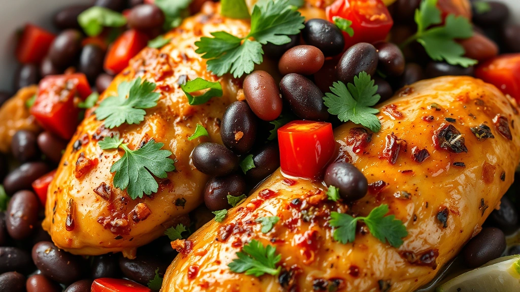 detail: close-up of finished chicken with black beans, red peppers, cilantro garnish, and lime squeeze, photorealistic, natural light, no text, appetizing composition