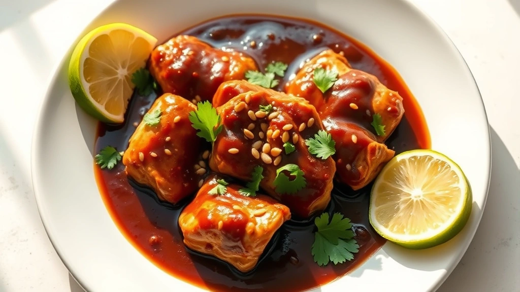 hero: perfectly plated chicken mole with glossy dark brown sauce coating tender chicken pieces, garnished with sesame seeds and cilantro, served on white plate with lime wedges, photorealistic, natural daylight streaming from left, warm and inviting, no text