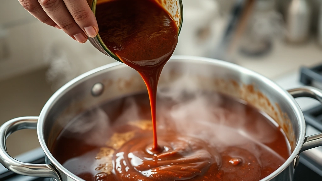 process: hands pouring blended mole sauce into hot oil in large pot creating steam, showing rich chocolate-brown color of sauce, photorealistic, natural kitchen lighting, close focus on sauce, no text