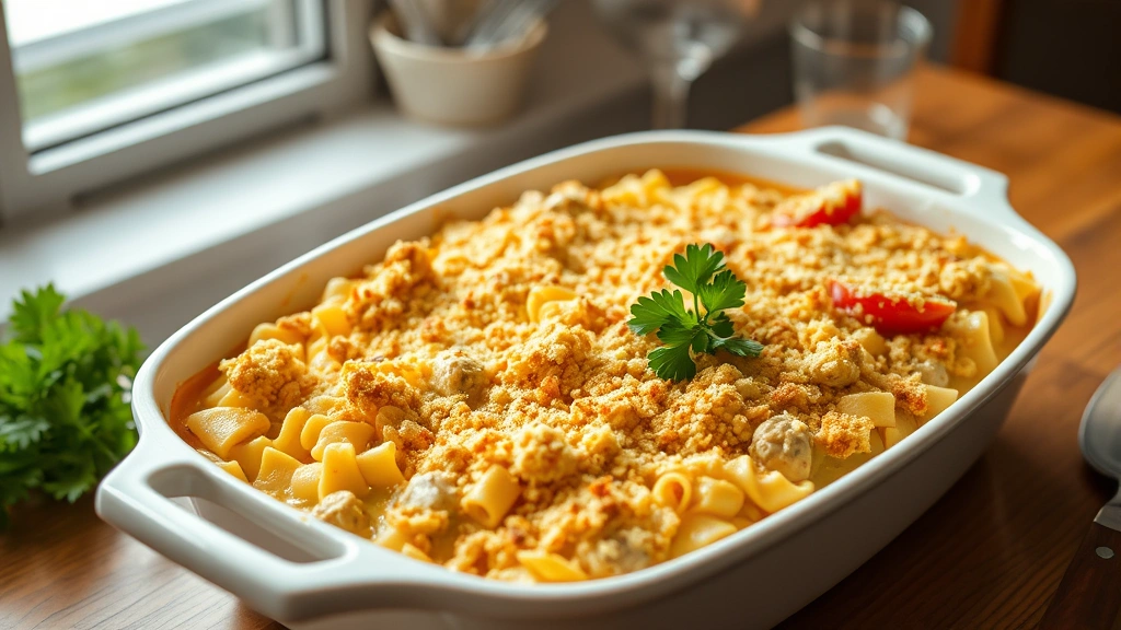 hero: golden-brown chicken noodle casserole in white baking dish with crispy buttered breadcrumb topping, steam rising, fresh parsley garnish, wooden table, natural window light, warm and inviting