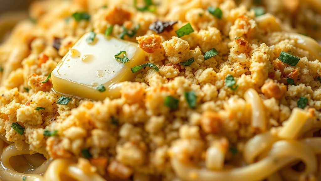 detail: close-up of crispy golden breadcrumb topping with melted butter and fresh herbs, creamy sauce with noodles beneath, shallow depth of field, warm lighting