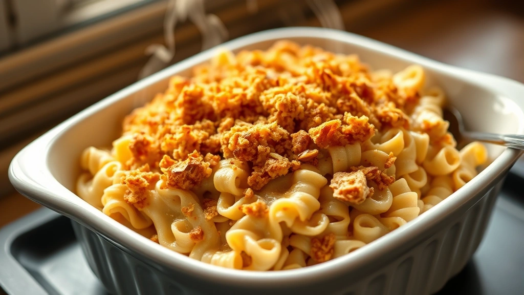 hero: golden-brown chicken noodle casserole fresh from the oven with crispy panko topping and melted cheese visible, steam rising, served in a white ceramic dish, photorealistic, natural window light, no text, shallow depth of field