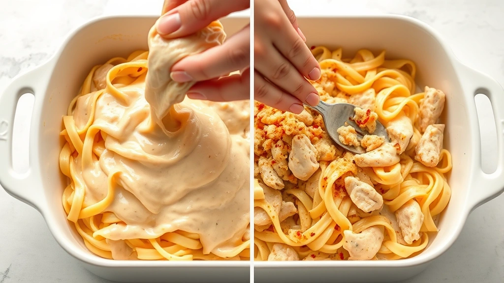 process: hands folding creamy sauce into cooked noodles and chicken in a white casserole dish, showing the rich cream-colored sauce coating the pasta, photorealistic, natural kitchen light, no text