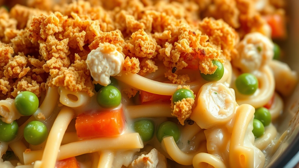detail: close-up of the baked casserole showing layers of tender noodles, chunks of chicken, peas, carrots, and creamy sauce with golden breadcrumb topping, photorealistic, natural light, no text, macro photography