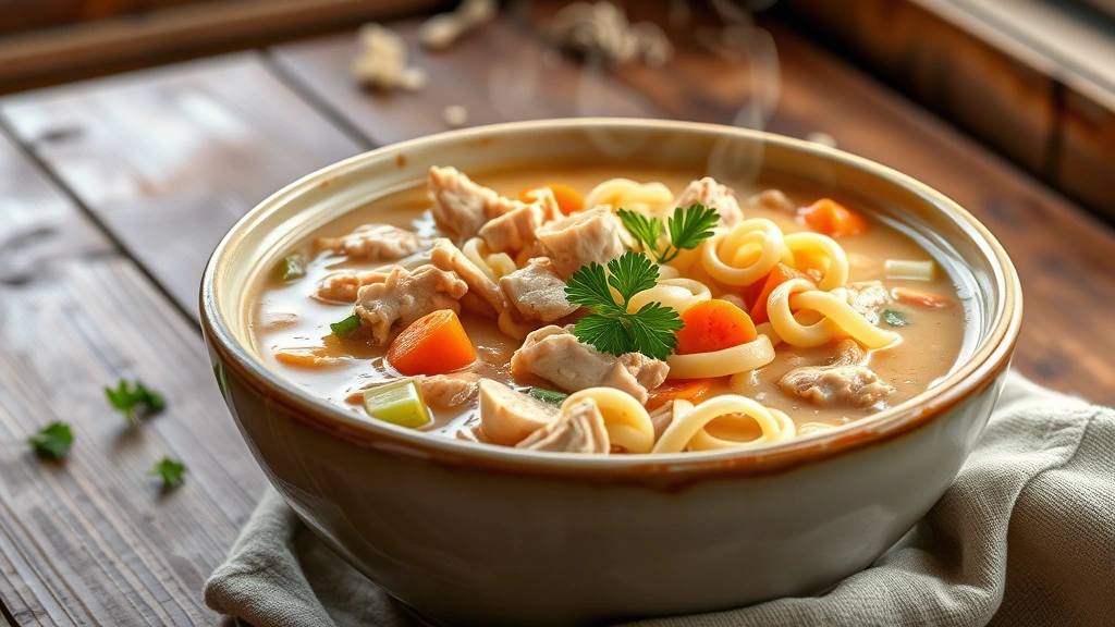hero: large ceramic bowl of creamy chicken noodle soup with visible chicken pieces, carrots, celery, and egg noodles, steam rising, fresh parsley garnish, rustic wooden table background, natural window light, warm inviting atmosphere, no text or watermarks