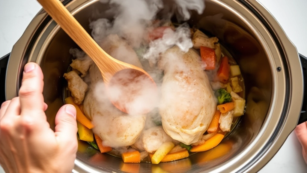 process: hands using wooden spoon to stir ingredients in stainless steel crock pot, chicken breasts and vegetables visible, aromatic steam rising, bright kitchen lighting, overhead angle, no text or watermarks