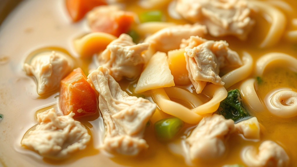 detail: close-up macro shot of creamy chicken noodle soup showing tender chicken shreds, vegetables, and egg noodles in golden broth, shallow depth of field, warm natural lighting, no text or watermarks