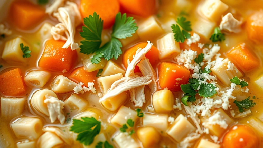 detail: close-up of finished chicken orzo soup showing individual orzo pasta pieces, shredded chicken, carrot and celery dice, fresh green parsley, grated Parmesan cheese on surface, photorealistic, natural lighting, shallow depth of field, no text
