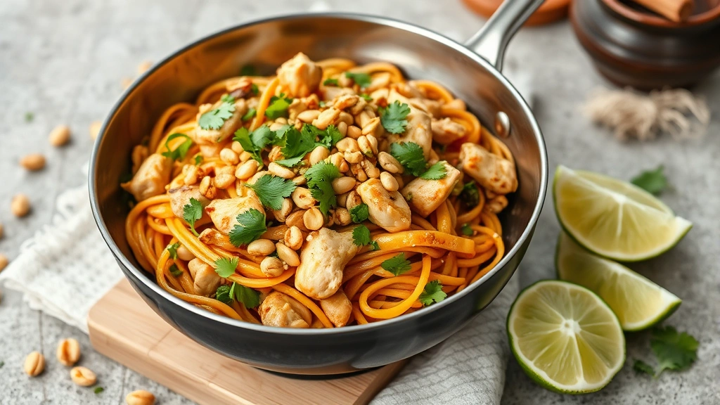 hero: finished chicken pad thai dish in a wok, garnished with crushed peanuts and fresh cilantro, lime wedges on the side, vibrant colors, photorealistic, natural daylight, no text, appetizing presentation