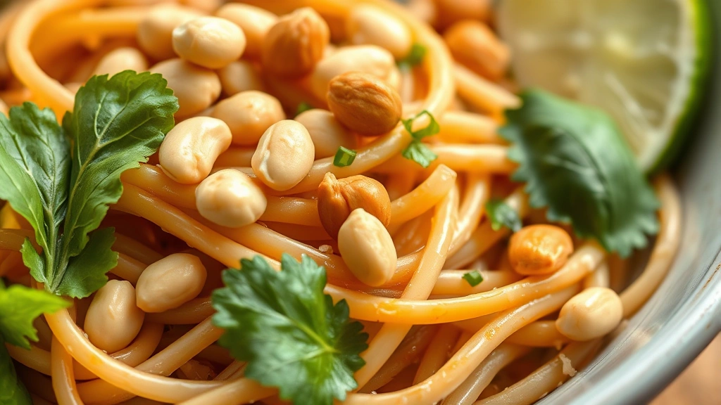 detail: close-up of pad thai noodles with peanuts, fresh herbs and lime, shallow depth of field showing texture, photorealistic, natural light, no text, appetizing