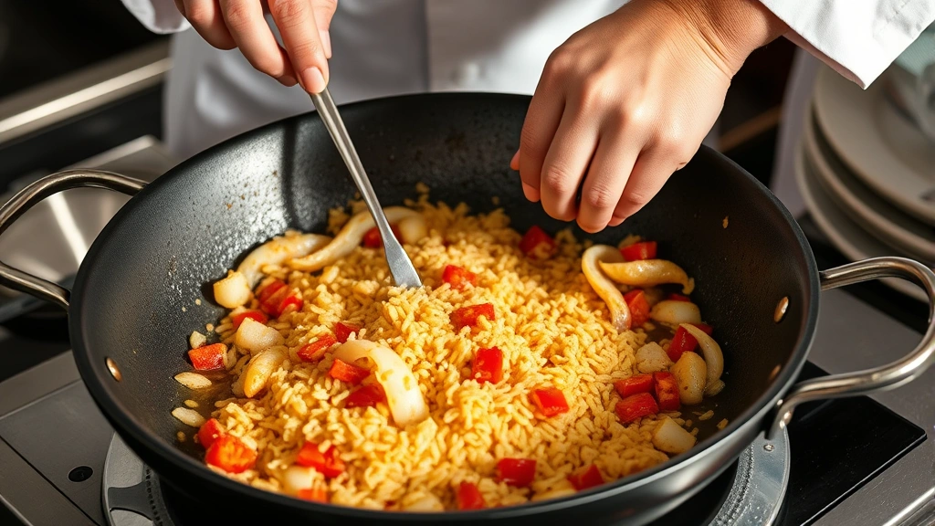 process: chef stirring sofrito base in paella pan, diced onions garlic and red peppers cooking in olive oil, golden toasted rice visible, warm golden lighting