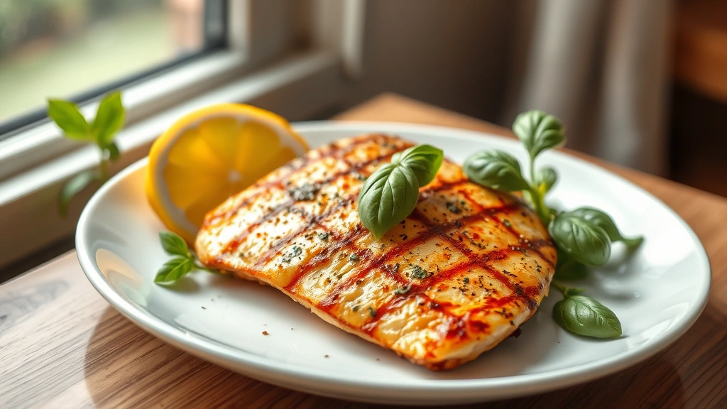 hero: golden-brown chicken paillard on white plate with fresh lemon wedge and basil garnish, photorealistic, natural window light, no text