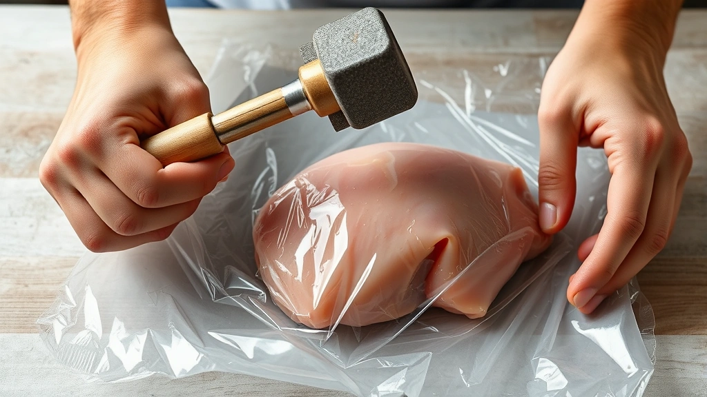 process: hands using meat mallet to pound chicken breast between plastic wrap, photorealistic, natural light, no text