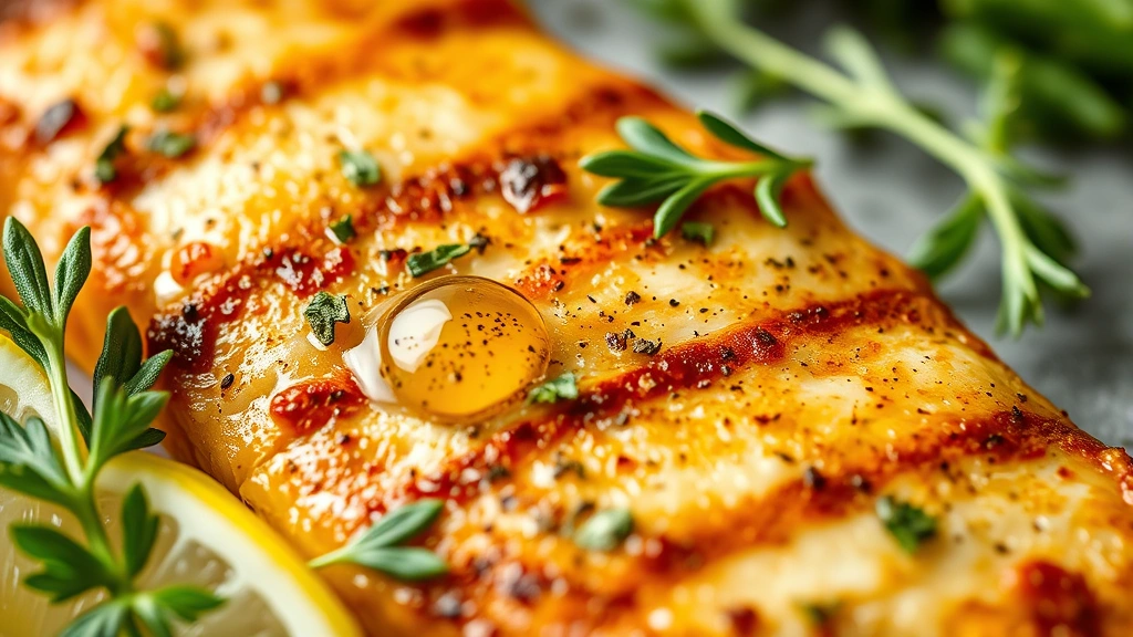detail: close-up of crispy golden-brown chicken paillard surface with herb garnish and lemon juice droplet, photorealistic, natural light, no text