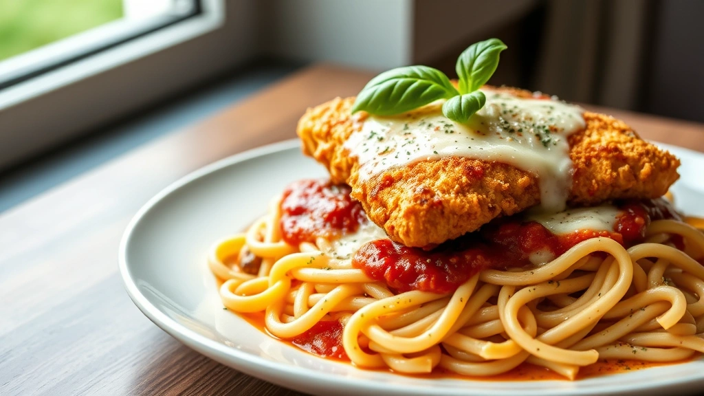 hero: finished chicken parmesan pasta dish with golden fried chicken on top of penne pasta with marinara sauce and melted mozzarella cheese, garnished with fresh basil, photorealistic, natural light from window, no text, elegant plating