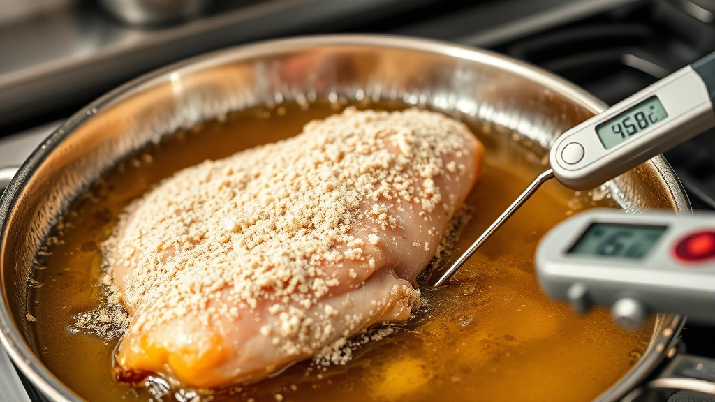 process: chicken breast being breaded and fried in oil until golden brown, oil splashing, meat thermometer visible, professional kitchen setting, photorealistic, natural light, no text