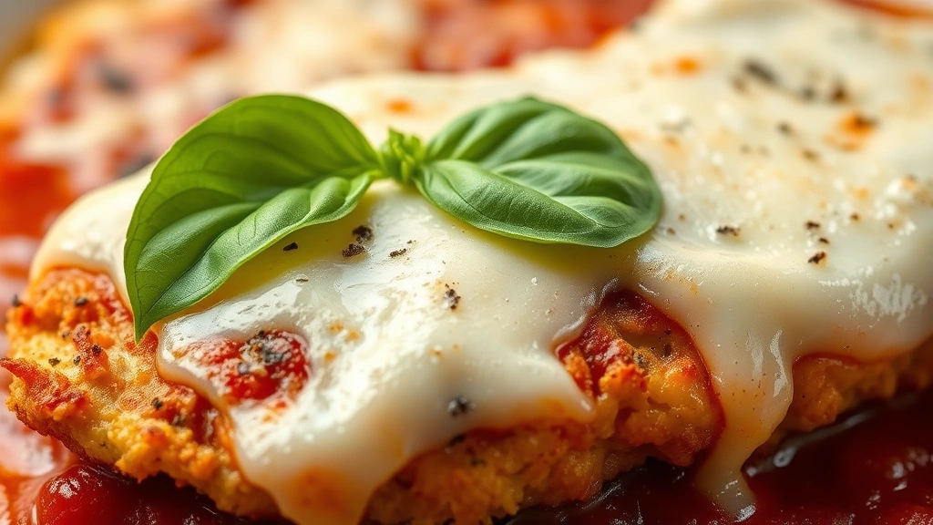 detail: close-up of melted mozzarella and Parmesan cheese with fresh basil leaf, crispy chicken coating visible, marinara sauce underneath, photorealistic macro photography, natural light, no text