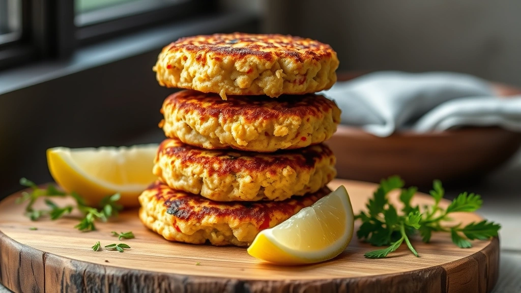 hero: golden brown chicken patties stacked on a wooden board with fresh herbs and lemon wedges, photorealistic, natural window light, no text