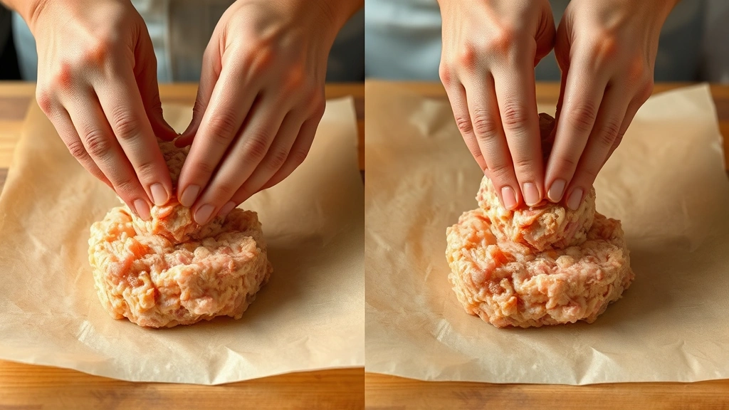 process: hands forming raw chicken mixture into patties on parchment paper, photorealistic, natural light, no text