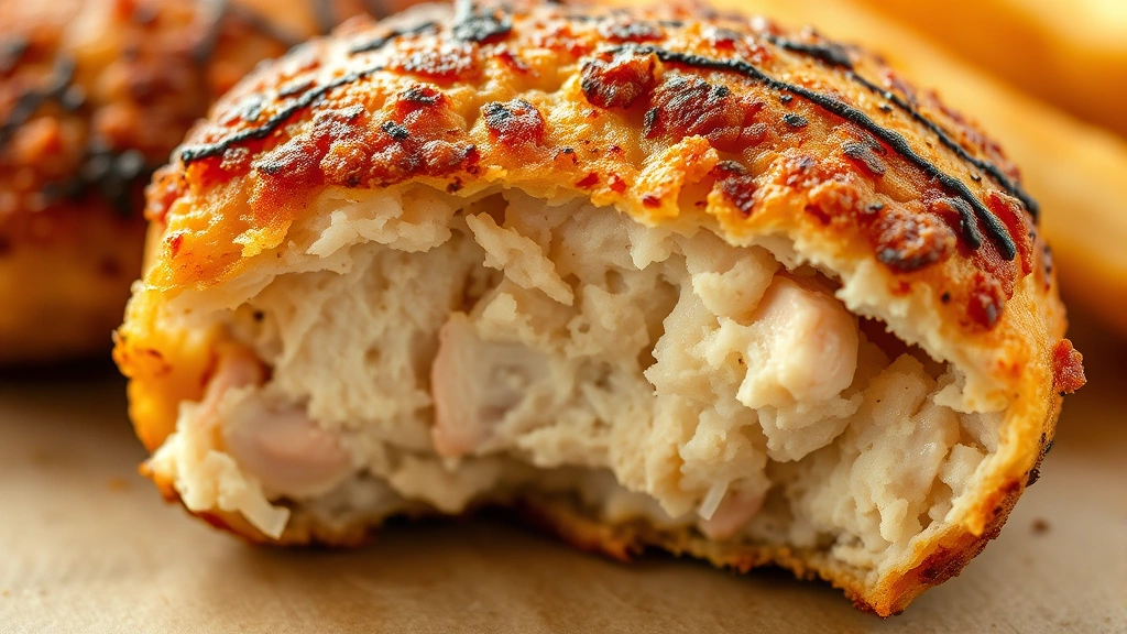 detail: close-up of cooked chicken patty showing crispy exterior and tender juicy interior cross-section, photorealistic, natural light, no text