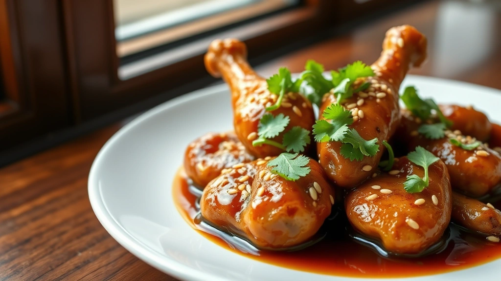 hero: finished chicken paws dish, glistening in rich brown sauce, garnished with sesame seeds and cilantro, served on white plate, photorealistic, natural window lighting, no text