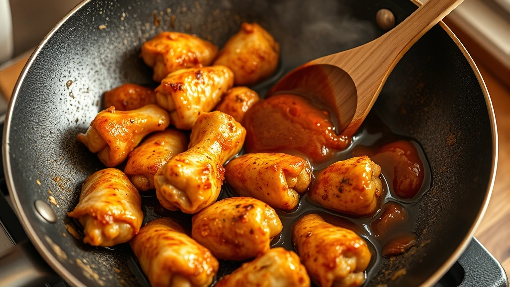 process: chicken paws searing in wok with golden crust, steam rising, wooden spoon stirring marinade ingredients, photorealistic, warm kitchen lighting, no text