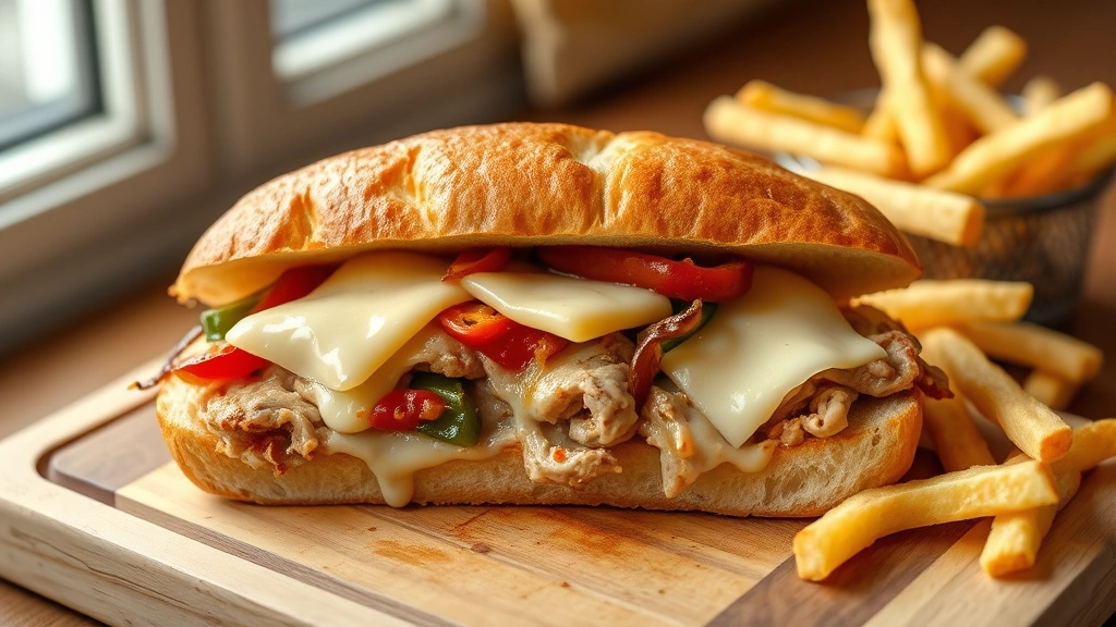 hero: completed chicken Philly cheesesteak sandwich sliced in half, showing melted provolone cheese and caramelized peppers and onions, served on a wooden cutting board with fries beside it, photorealistic, natural window light, no text, appetizing and inviting
