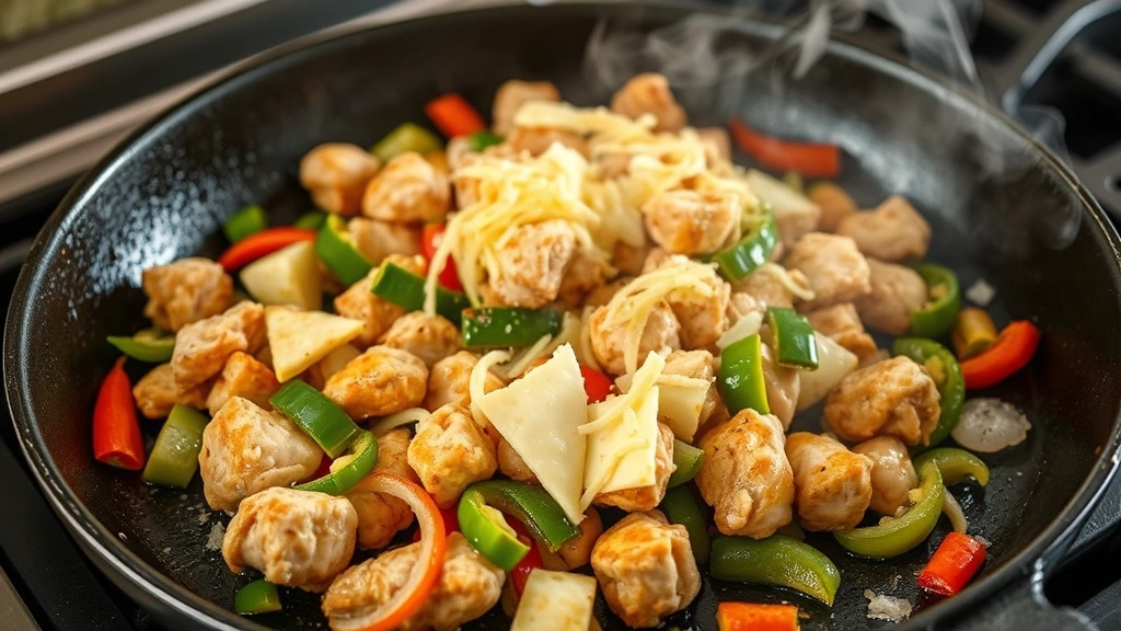 process: chicken strips and peppers and onions cooking together on a cast iron griddle, cheese melting on top, steam rising, photorealistic, natural light, no text, showing the cooking action