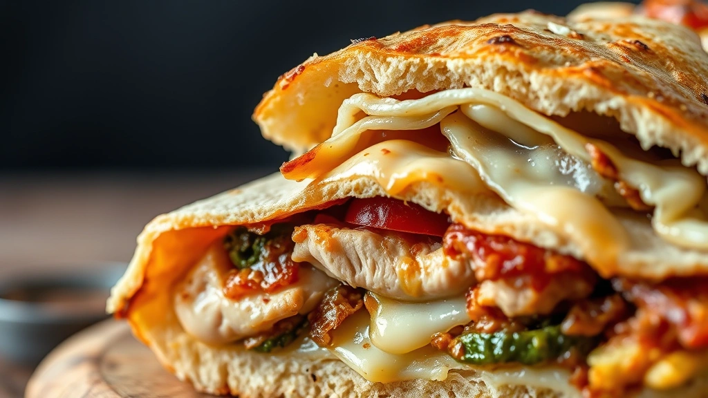 detail: close-up macro shot of the cross-section of a chicken Philly cheesesteak showing layers of tender chicken, caramelized vegetables, and melted provolone cheese, photorealistic, natural light, no text, showing texture and detail