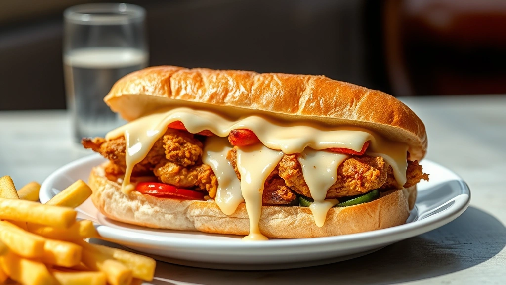 hero: perfectly assembled Chicken Philly sandwich with melted provolone cheese dripping down sides, toasted hoagie roll, golden sautéed chicken and vegetables visible, served on white plate with crispy fries alongside, photorealistic, bright natural daylight, no text, appetizing presentation