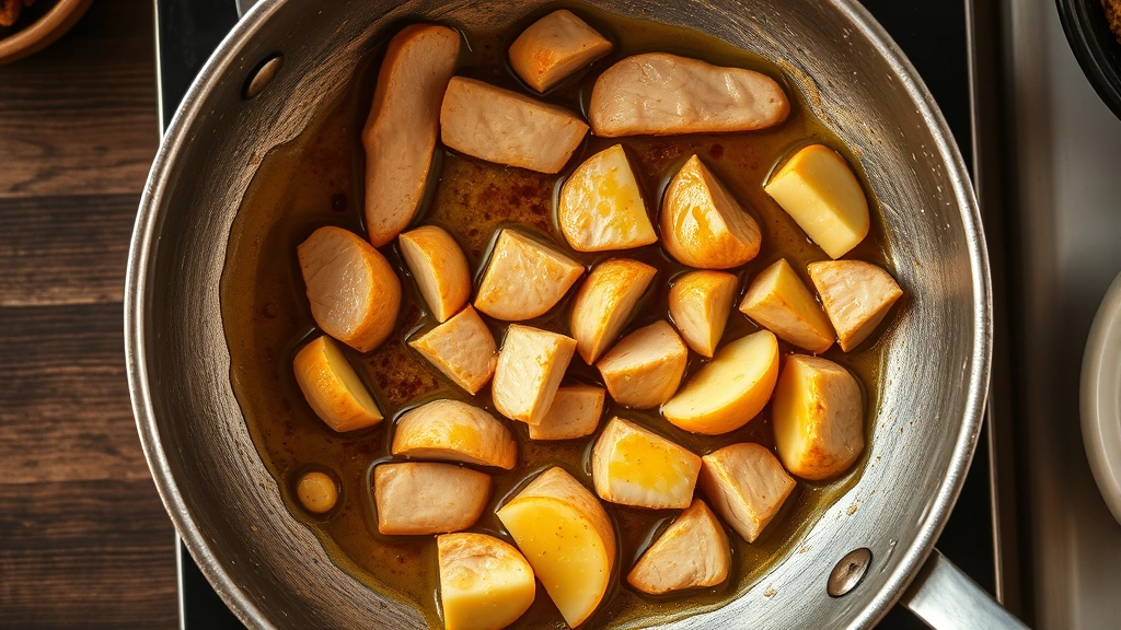 process: overhead view of large skillet with sliced chicken being cooked in butter and oil, golden brown exterior visible, motion of cooking, photorealistic, warm kitchen lighting, no text, professional food photography style