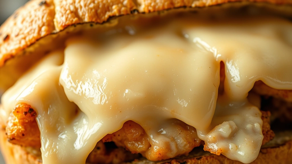 detail: extreme close-up of melted provolone cheese on hot sandwich, creamy cheese texture, golden chicken strips and caramelized vegetables visible underneath, photorealistic, warm natural light highlighting cheese details, no text, mouth-watering detail shot